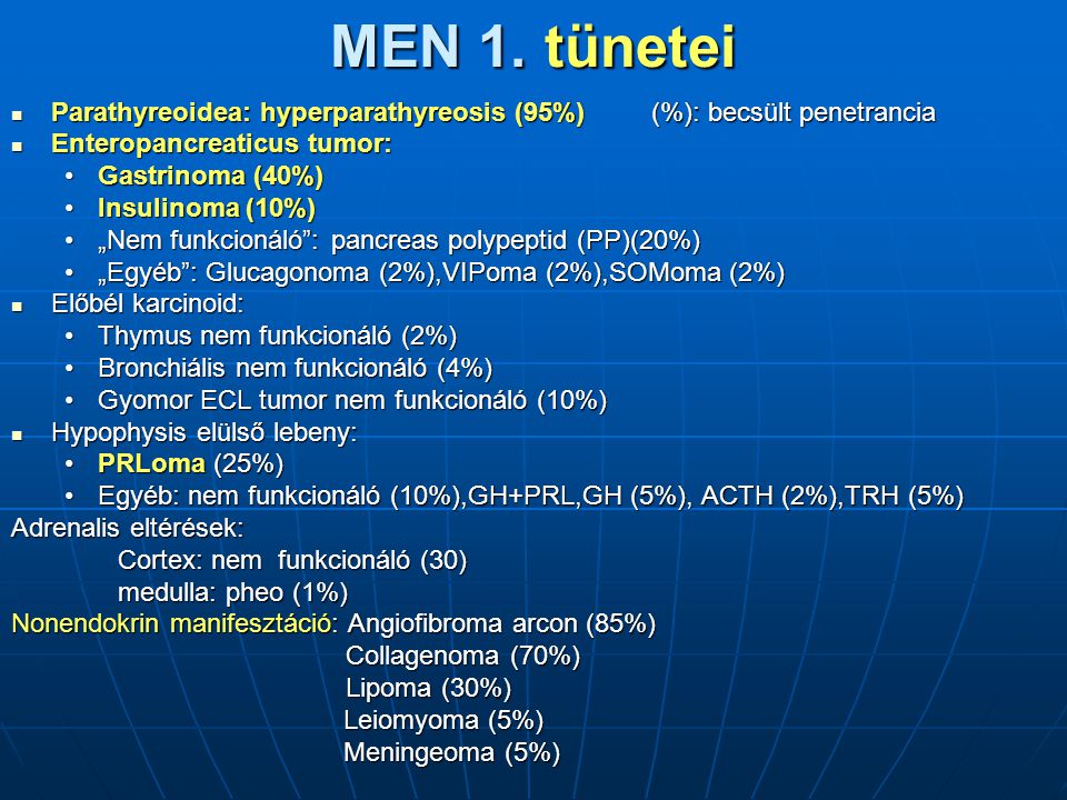 MEN 1. tünetei Parathyreoidea: hyperparathyreosis (95%) (%): becsült penetrancia. Enteropancreaticus tumor: