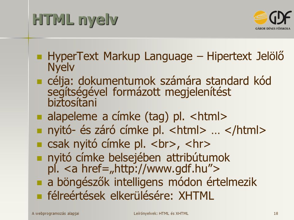 HTML nyelv HyperText Markup Language – Hipertext Jelölő Nyelv