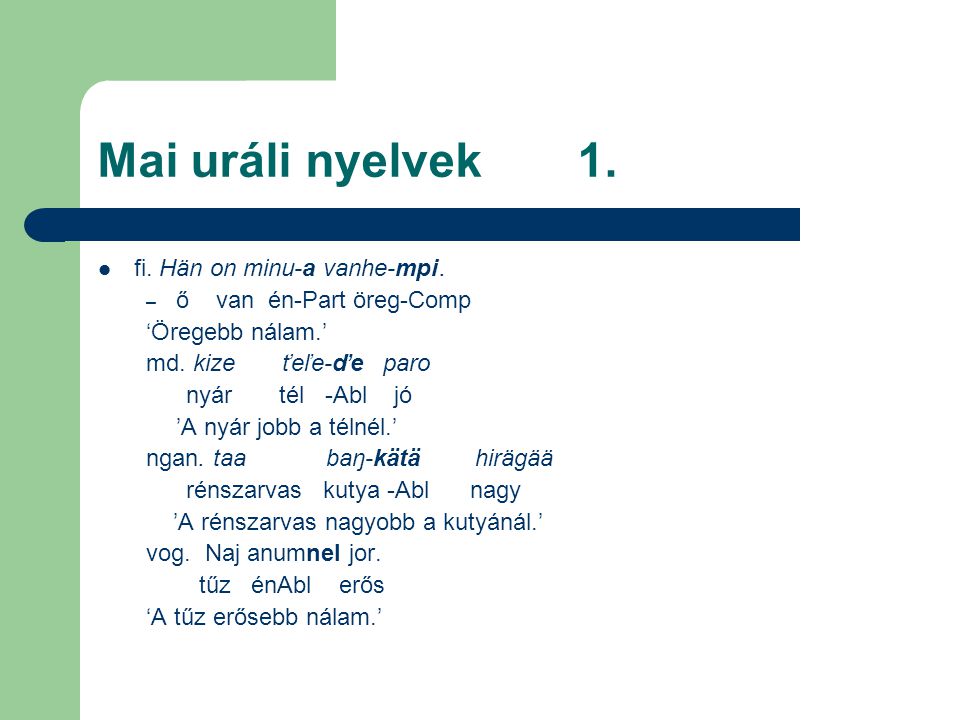 Mai uráli nyelvek 1. fi. Hän on minu-a vanhe-mpi.