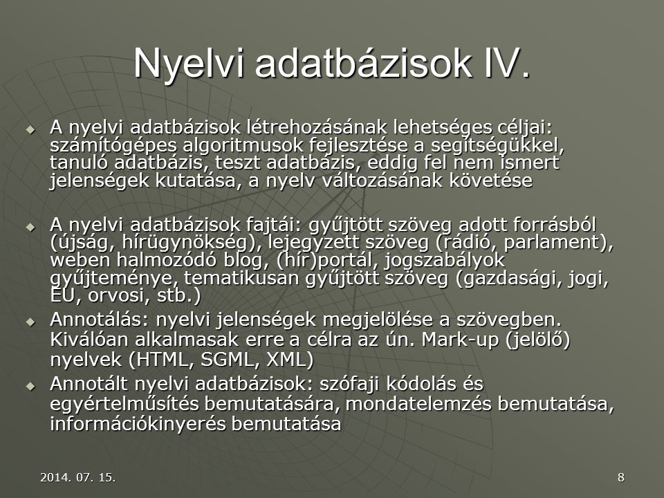 Nyelvi adatbázisok IV.