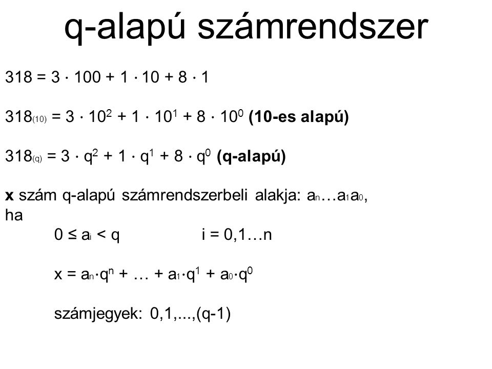 q-alapú számrendszer 318 = 3 ⋅ ⋅ ⋅ 1