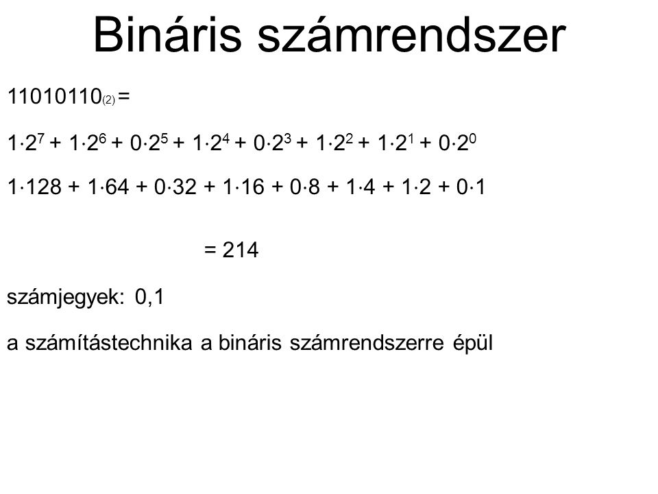 Bináris számrendszer (2) = 1⋅27 + 1⋅26 + 0⋅25 + 1⋅24 + 0⋅23 + 1⋅22 + 1⋅21 + 0⋅20. 1⋅ ⋅64 + 0⋅32 + 1⋅16 + 0⋅8 + 1⋅4 + 1⋅2 + 0⋅1.
