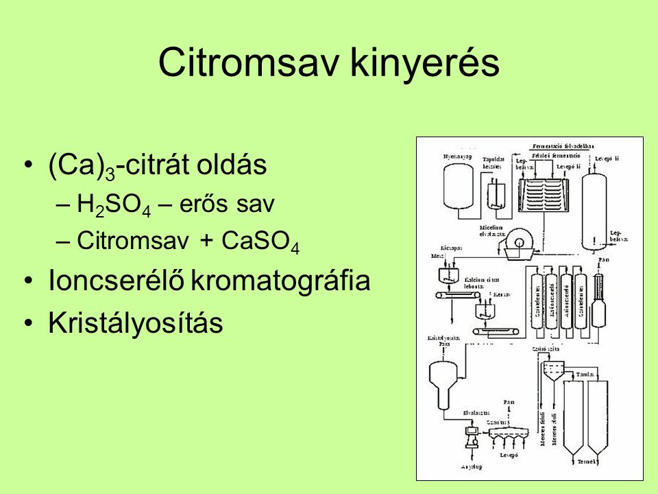 Citromsav kinyerés (Ca)3-citrát oldás Ioncserélő kromatográfia
