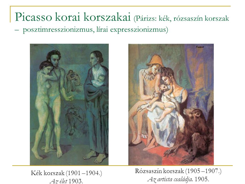 Picasso korai korszakai (Párizs: kék, rózsaszín korszak – posztimresszionizmus, lírai expresszionizmus)