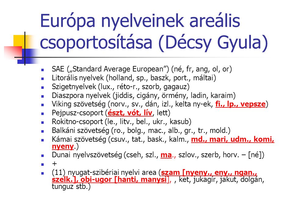 Európa nyelveinek areális csoportosítása (Décsy Gyula)
