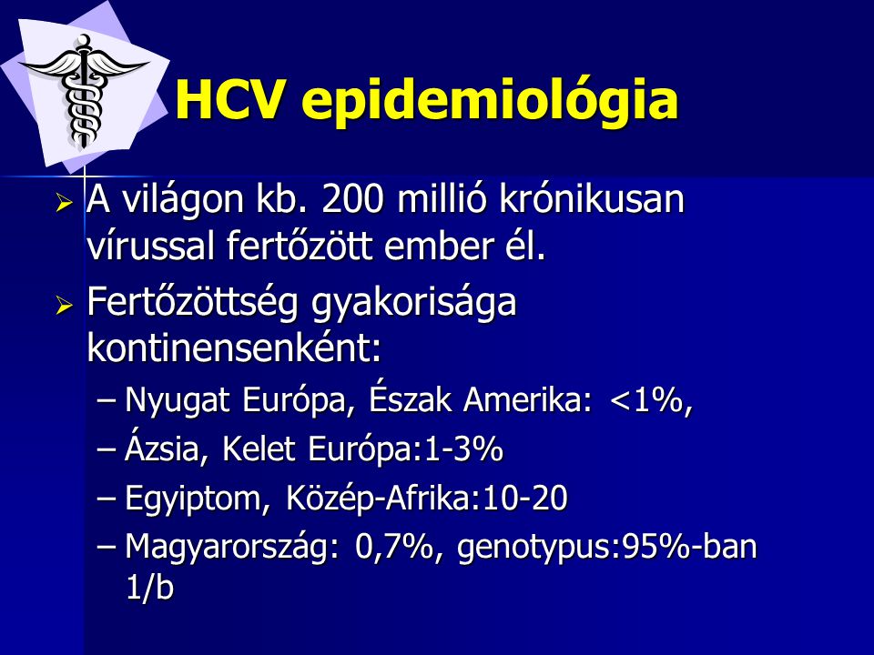 HCV epidemiológia A világon kb. 200 millió krónikusan vírussal fertőzött ember él. Fertőzöttség gyakorisága kontinensenként: