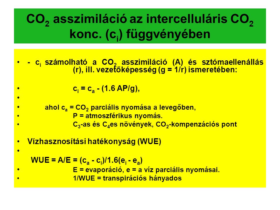 CO2 asszimiláció az intercelluláris CO2 konc. (ci) függvényében