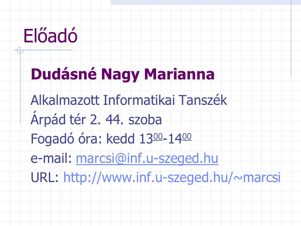 Előadó Dudásné Nagy Marianna Alkalmazott Informatikai Tanszék