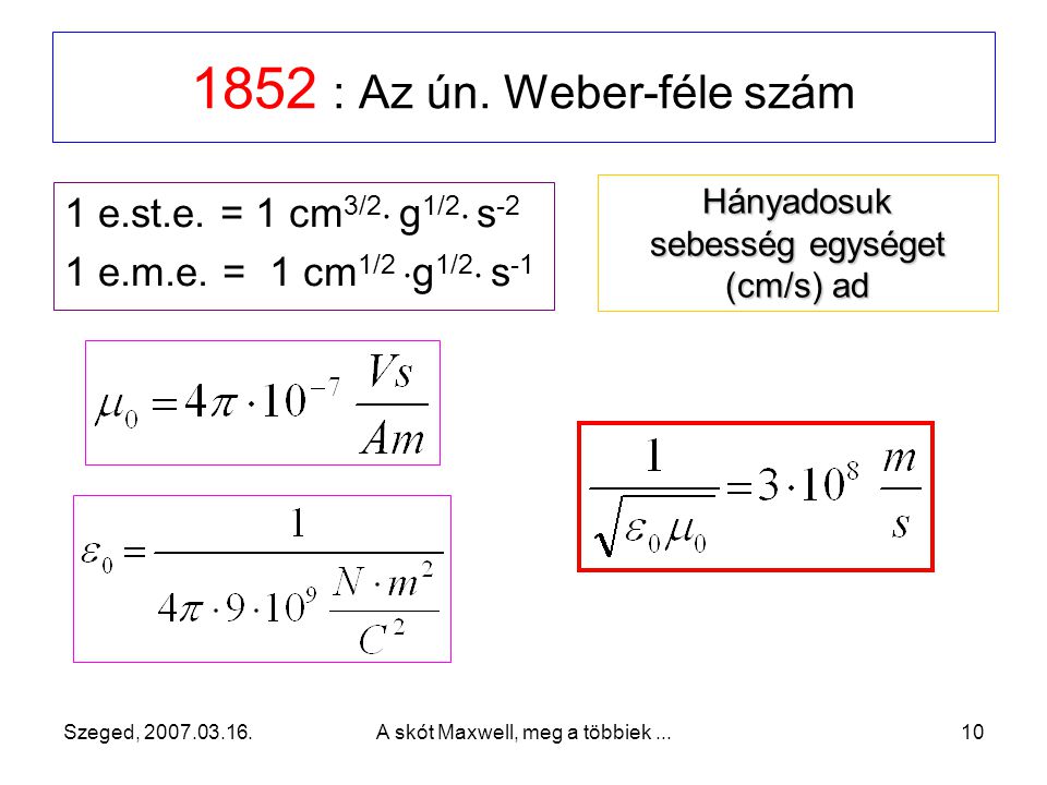 1852 : Az ún. Weber-féle szám 1 e.st.e. = 1 cm3/2 g1/2 s-2