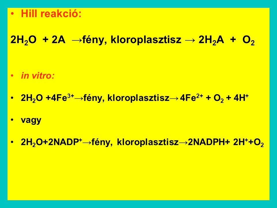 2H2O + 2A →fény, kloroplasztisz → 2H2A + O2