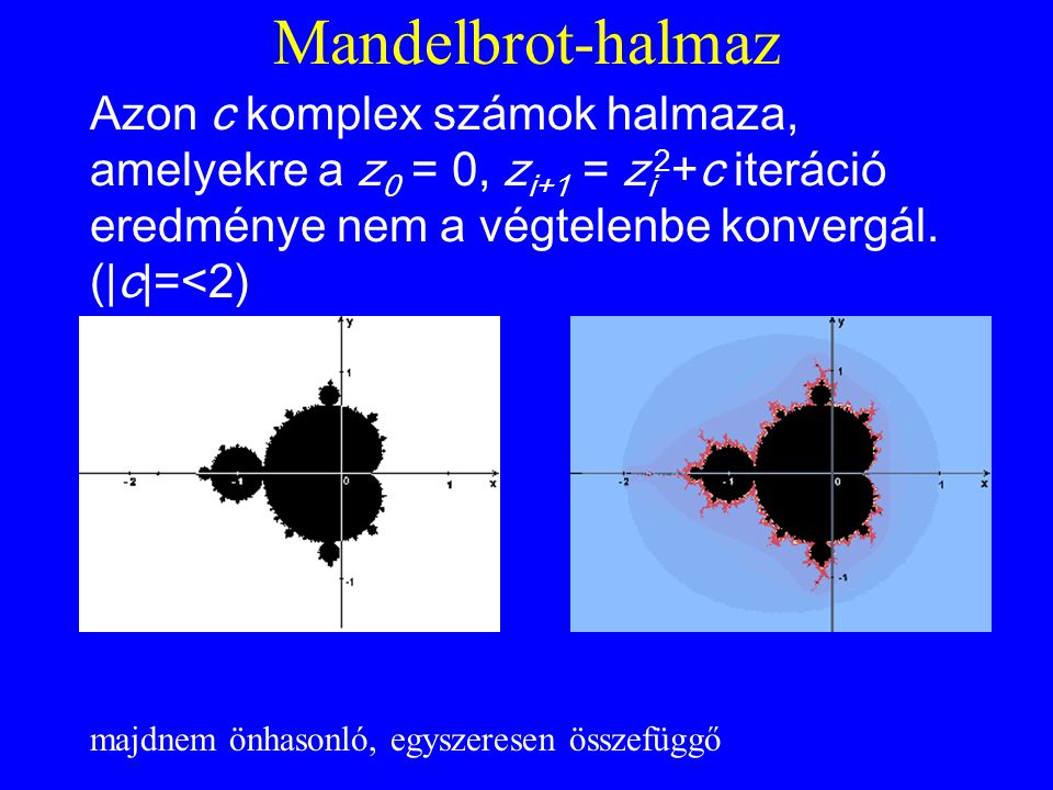 Mandelbrot-halmaz Azon c komplex számok halmaza, amelyekre a z0 = 0, zi+1 = zi2+c iteráció eredménye nem a végtelenbe konvergál. (|c|=<2)