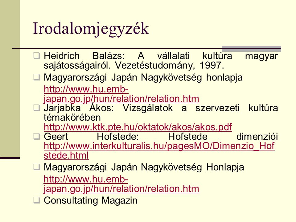 Irodalomjegyzék Heidrich Balázs: A vállalati kultúra magyar sajátosságairól. Vezetéstudomány,