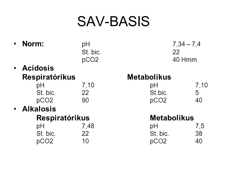 SAV-BASIS Norm: pH 7,34 – 7,4 Acidosis Respiratórikus Metabolikus