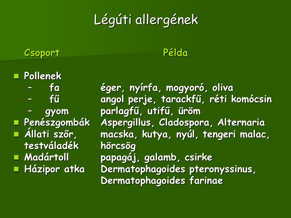 Légúti allergének Csoport Példa Pollenek