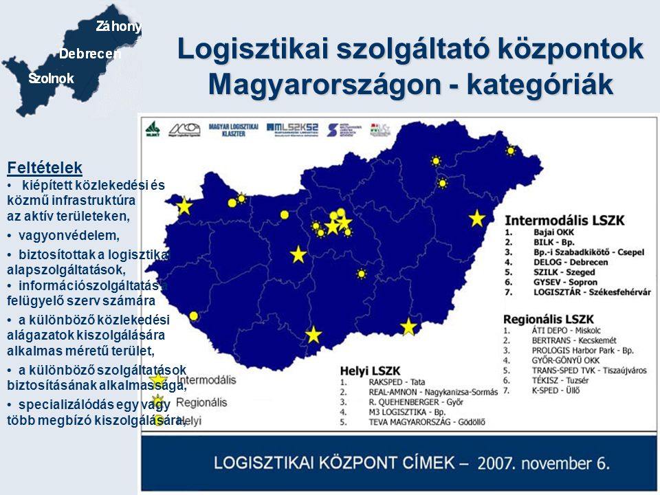 Logisztikai szolgáltató központok Magyarországon - kategóriák