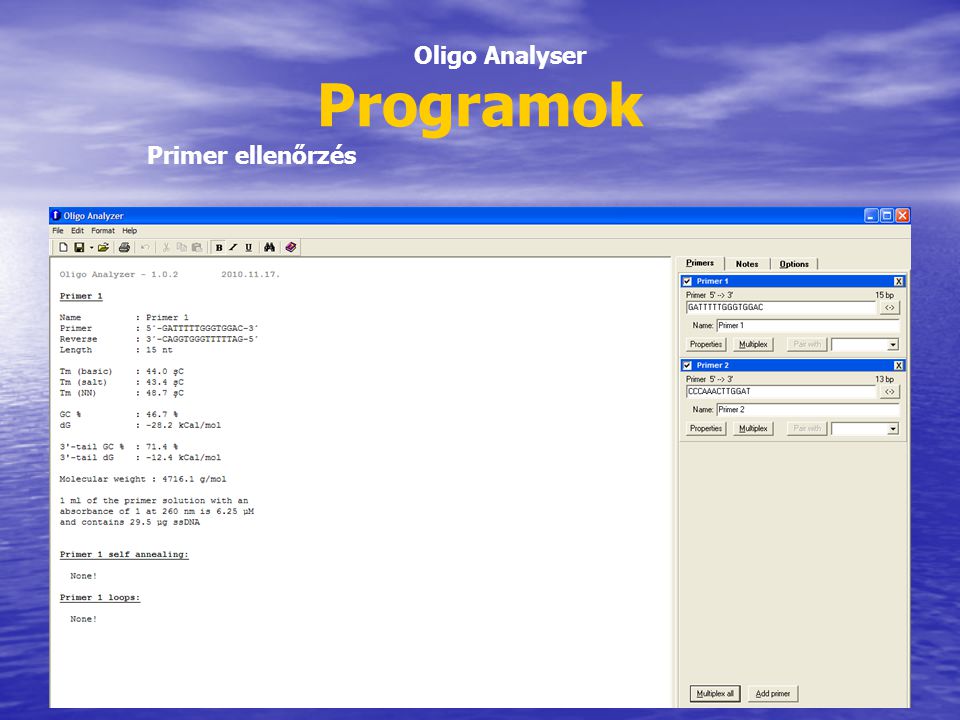 Programok Oligo Analyser Primer ellenőrzés
