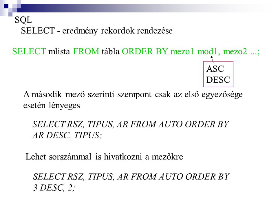 SQL SELECT - eredmény rekordok rendezése. SELECT mlista FROM tábla ORDER BY mezo1 mod1, mezo2 ...;