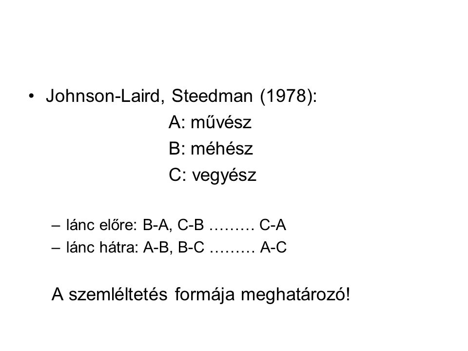 Johnson-Laird, Steedman (1978): A: művész B: méhész C: vegyész