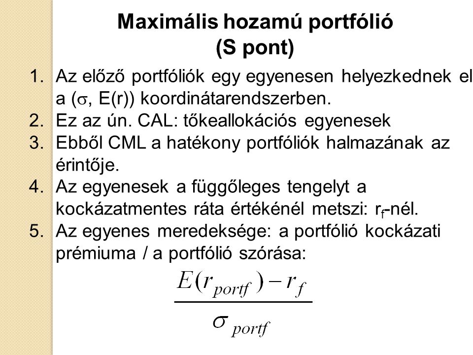 Maximális hozamú portfólió (S pont)