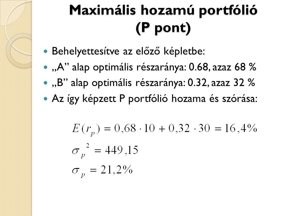 Maximális hozamú portfólió (P pont)