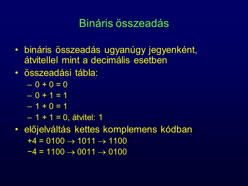 Bináris összeadás bináris összeadás ugyanúgy jegyenként, átvitellel mint a decimális esetben. összeadási tábla: