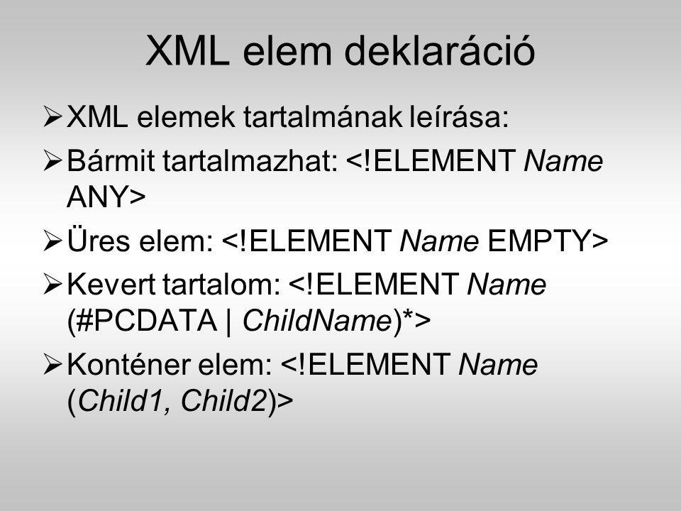 XML elem deklaráció XML elemek tartalmának leírása: