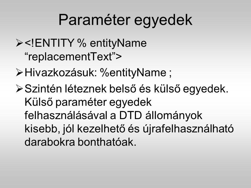 Paraméter egyedek <!ENTITY % entityName replacementText >