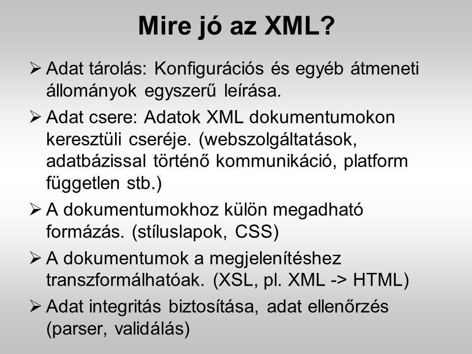 Mire jó az XML Adat tárolás: Konfigurációs és egyéb átmeneti állományok egyszerű leírása.
