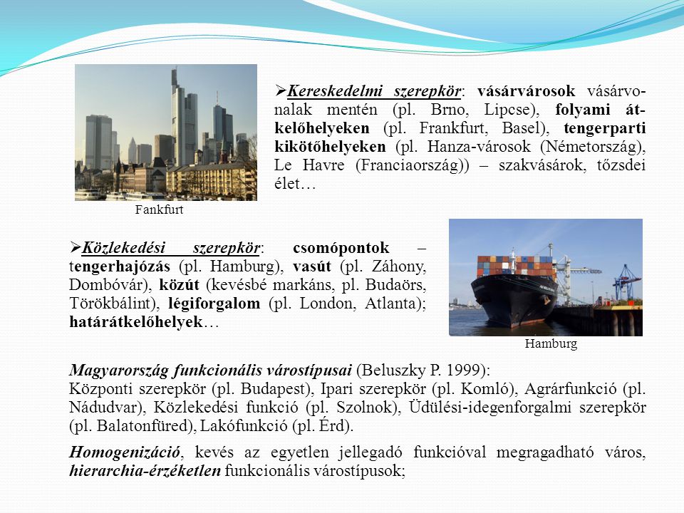 Magyarország funkcionális várostípusai (Beluszky P. 1999):