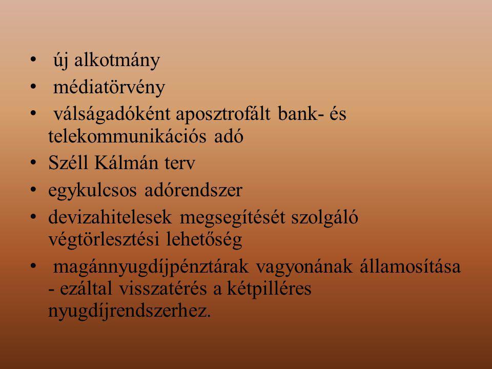 új alkotmány médiatörvény. válságadóként aposztrofált bank- és telekommunikációs adó. Széll Kálmán terv.