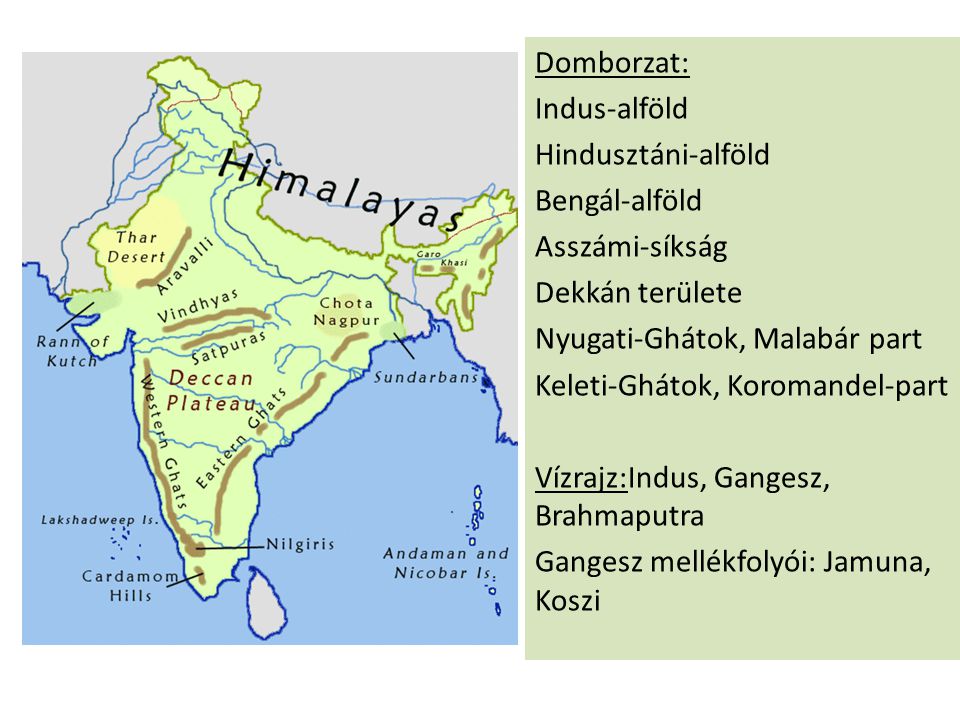 Domborzat: Indus-alföld. Hindusztáni-alföld. Bengál-alföld. Asszámi-síkság. Dekkán területe. Nyugati-Ghátok, Malabár part.