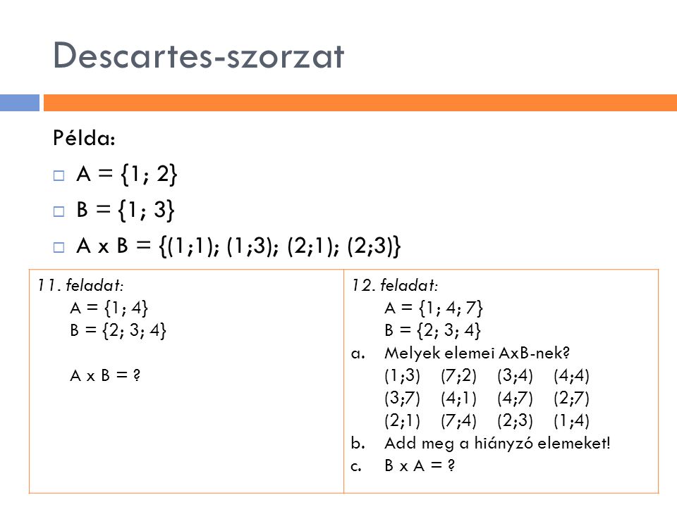 Descartes-szorzat Példa: A = {1; 2} B = {1; 3}