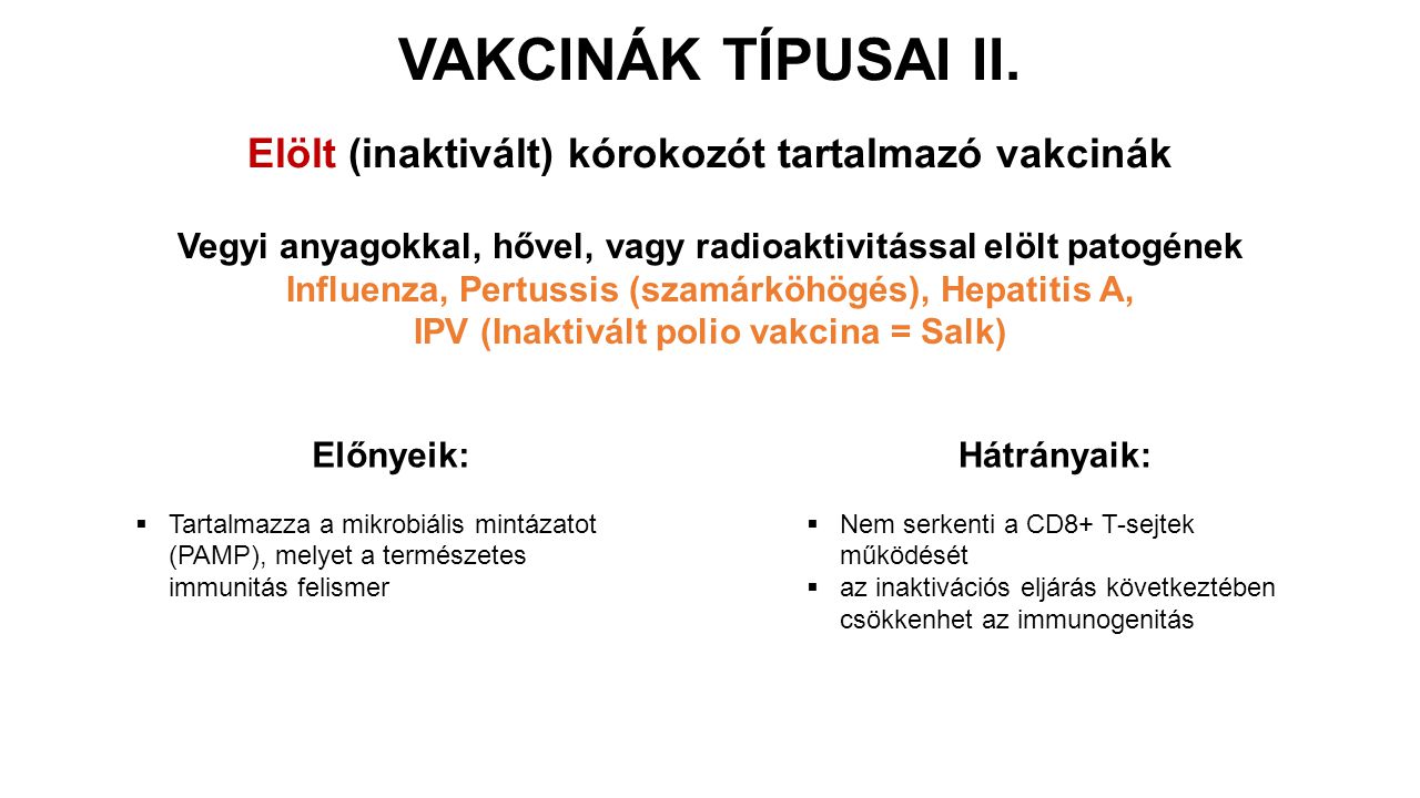 VAKCINÁK TÍPUSAI II. Elölt (inaktivált) kórokozót tartalmazó vakcinák