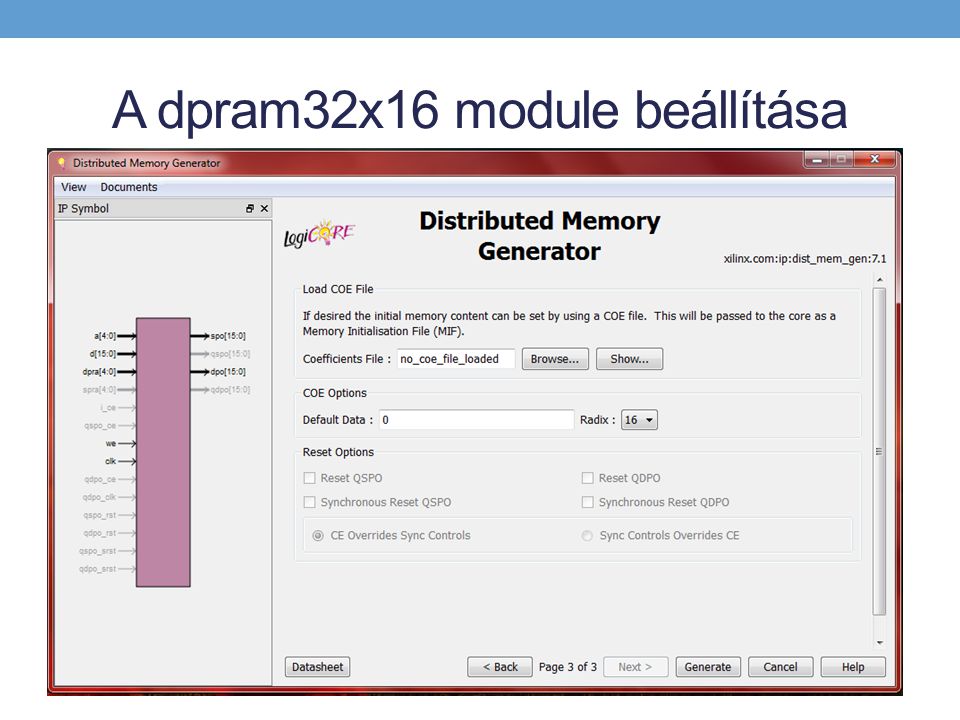 A dpram32x16 module beállítása