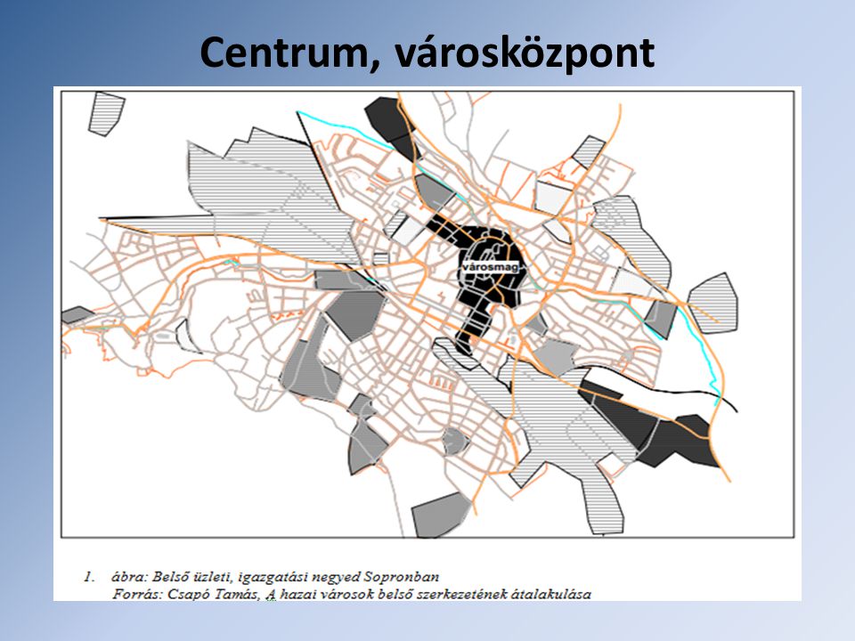 Centrum, városközpont Területe kiterjedt, funkcionálisan egyre inkább tekinthető belső munkahelyi övnek. Két részre tagolható:
