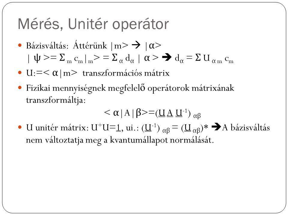 Mérés, Unitér operátor Bázisváltás: Áttérünk |m>  |α> | ψ >= Σ m cm|m> = Σ α dα | α >  dα = Σ U α m cm.