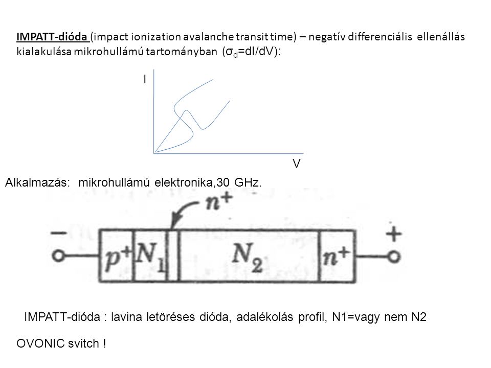 IMPATT-dióda (impact ionization avalanche transit time) – negatív differenciális ellenállás kialakulása mikrohullámú tartományban (σd=dI/dV):