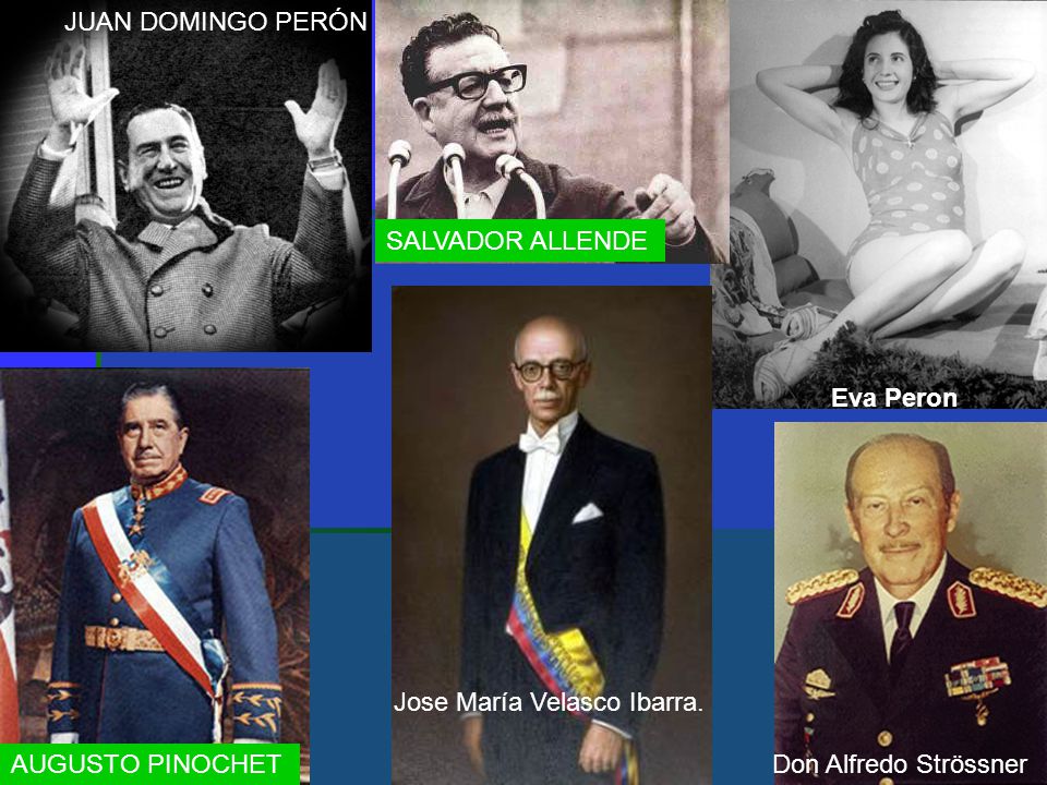 JUAN DOMINGO PERÓN SALVADOR ALLENDE. Eva Peron. Jose María Velasco Ibarra.