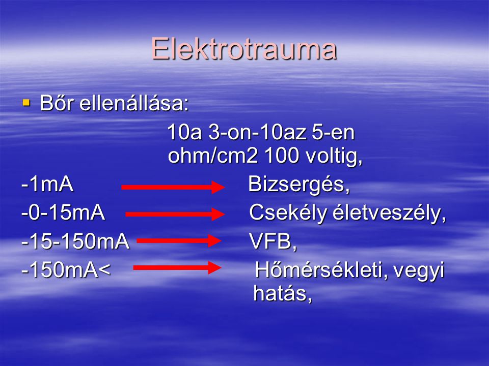 Elektrotrauma Bőr ellenállása: 10a 3-on-10az 5-en ohm/cm2 100 voltig,