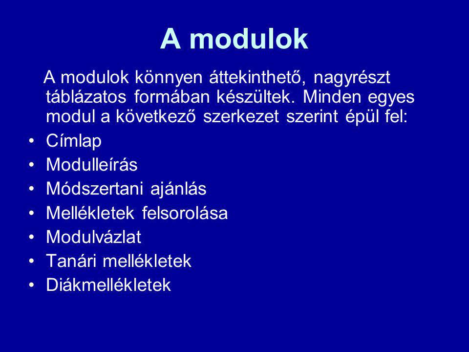 A modulok A modulok könnyen áttekinthető, nagyrészt táblázatos formában készültek. Minden egyes modul a következő szerkezet szerint épül fel: