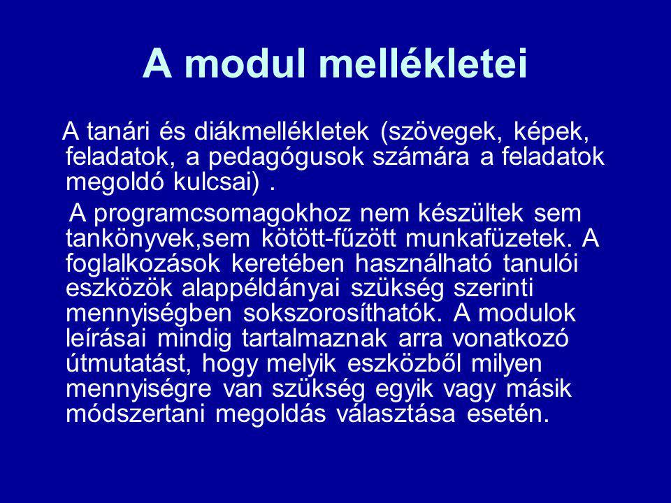 A modul mellékletei A tanári és diákmellékletek (szövegek, képek, feladatok, a pedagógusok számára a feladatok megoldó kulcsai) .