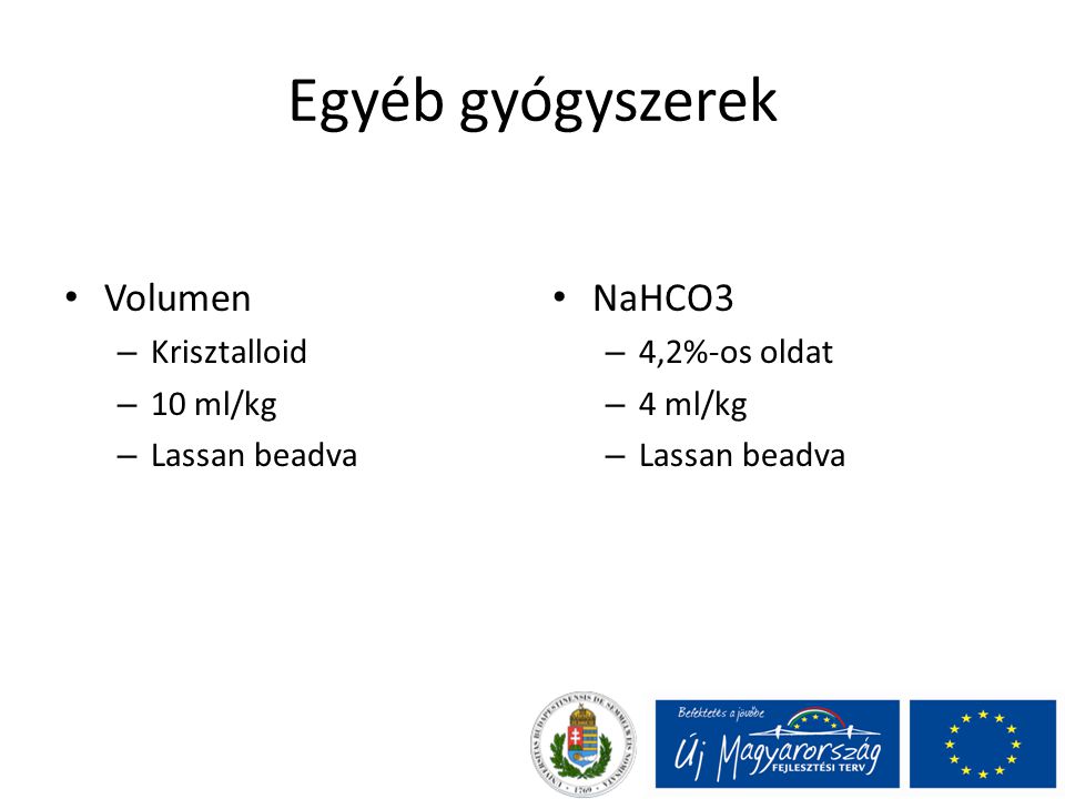 Egyéb gyógyszerek Volumen NaHCO3 Krisztalloid 10 ml/kg Lassan beadva