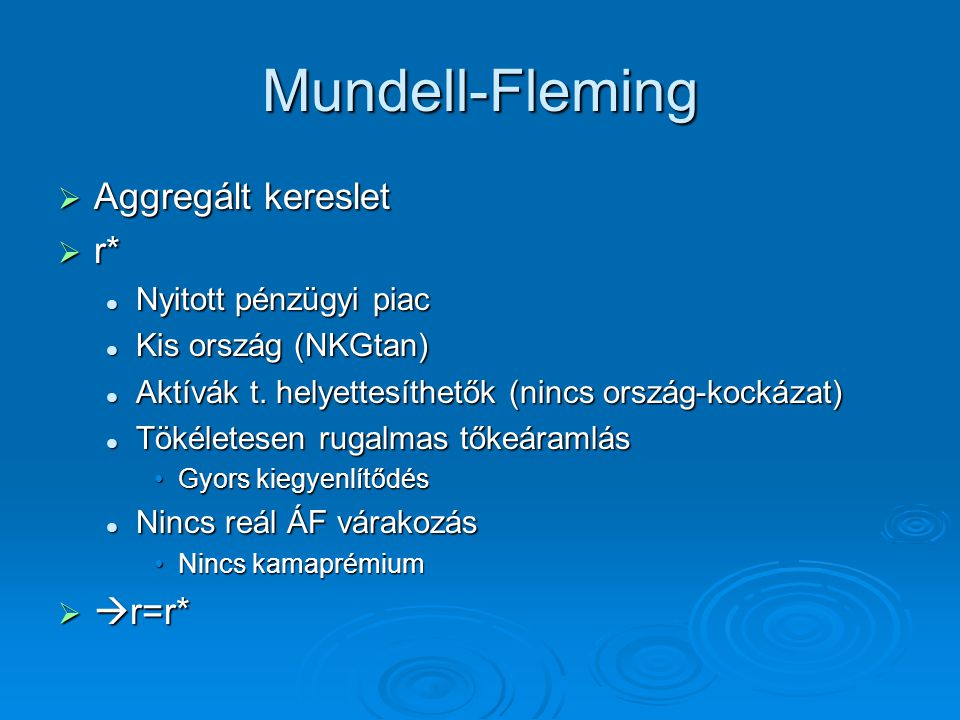 Mundell-Fleming Aggregált kereslet r* r=r* Nyitott pénzügyi piac
