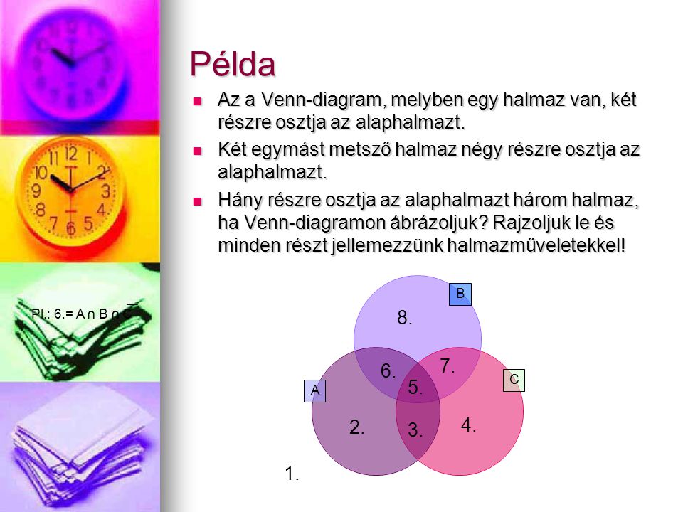 Példa Az a Venn-diagram, melyben egy halmaz van, két részre osztja az alaphalmazt. Két egymást metsző halmaz négy részre osztja az alaphalmazt.