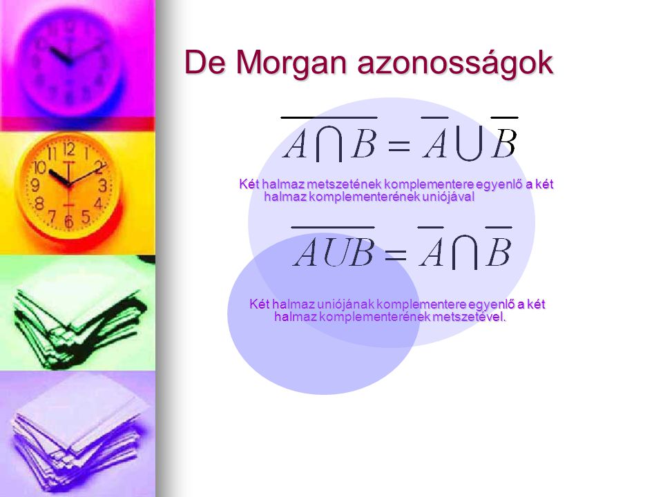 De Morgan azonosságok Két halmaz metszetének komplementere egyenlő a két halmaz komplementerének uniójával.