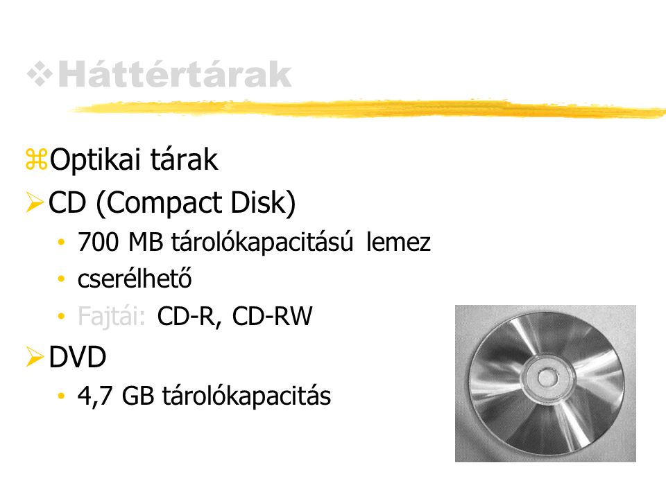 Háttértárak Optikai tárak CD (Compact Disk) DVD