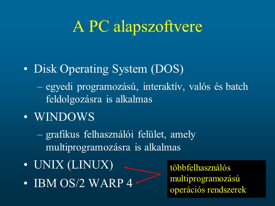 A PC alapszoftvere Disk Operating System (DOS) WINDOWS UNIX (LINUX)