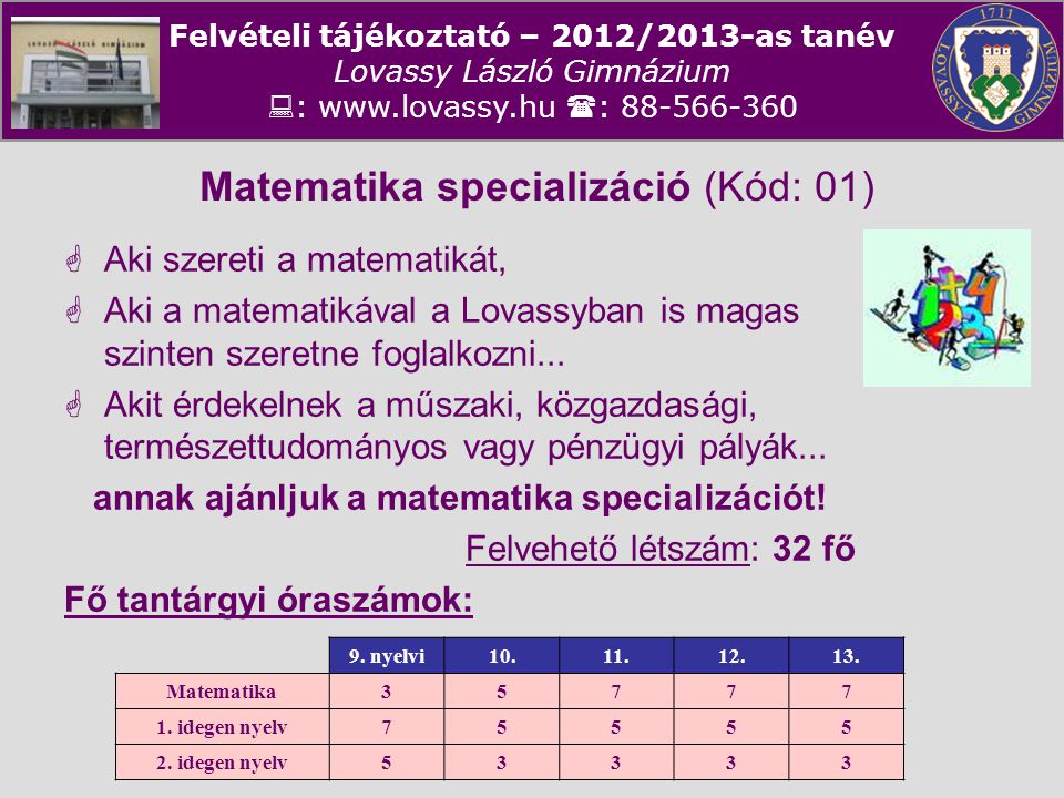 Matematika specializáció (Kód: 01)