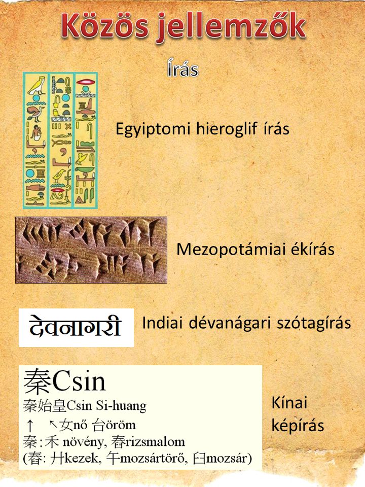 Közös jellemzők Írás Egyiptomi hieroglif írás Mezopotámiai ékírás