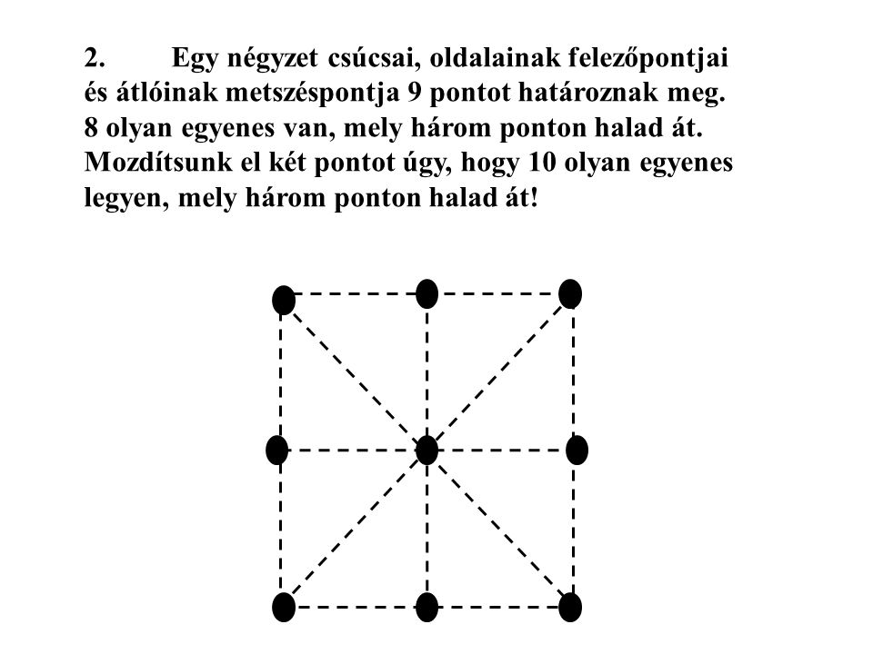 2. Egy négyzet csúcsai, oldalainak felezőpontjai és átlóinak metszéspontja 9 pontot határoznak meg.